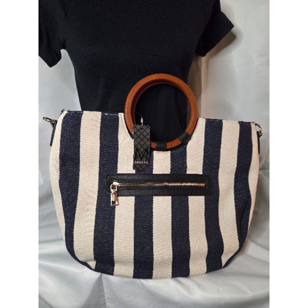 P128. NWT Massini Striped Canvas Tote Bag with Round Wooden Ring Handles